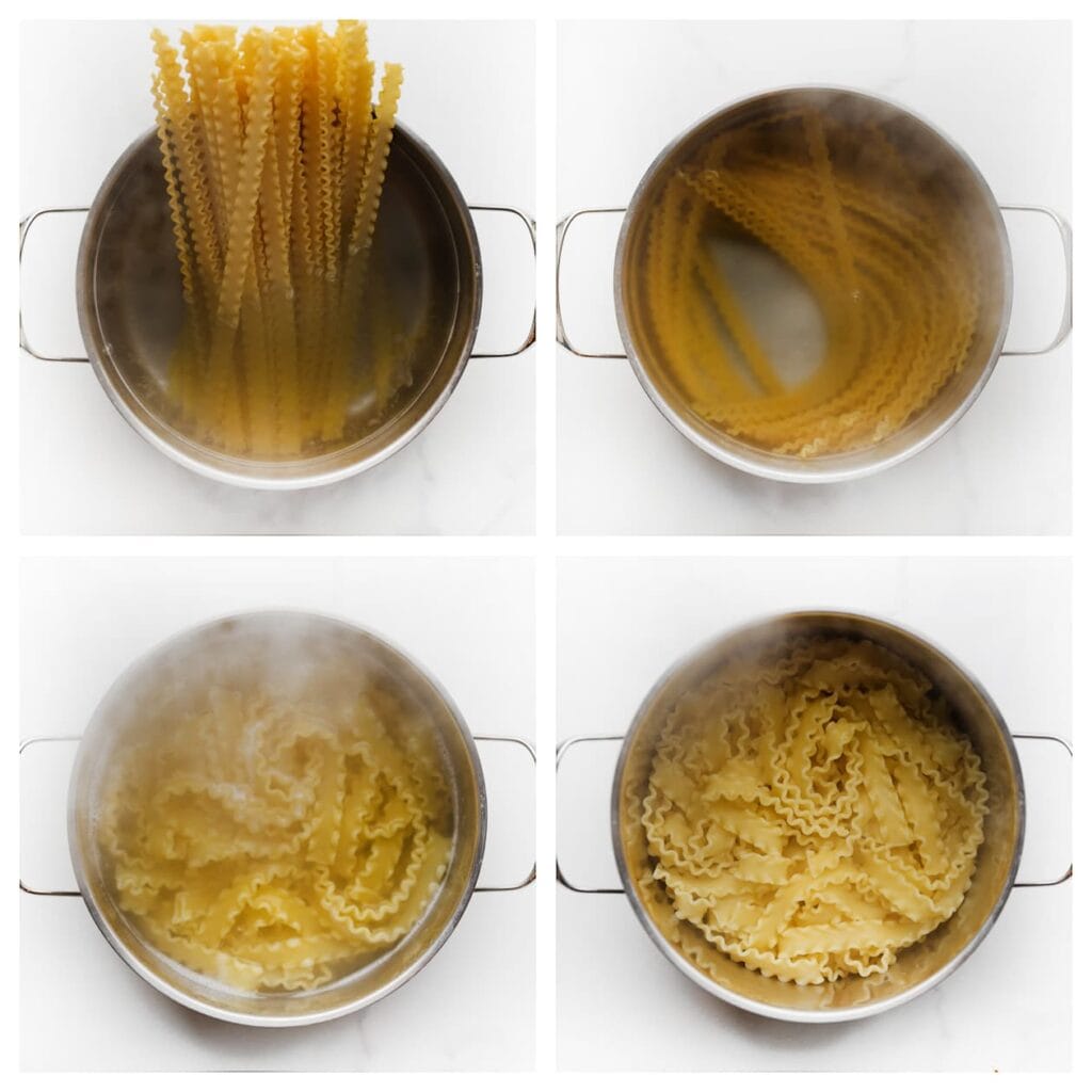 Breng een pan water aan de kook en voeg een snufje zout toe. Kook de mafaldine 11-14 minuten, of volgens de aanwijzingen op de verpakking. Schep voorzichtig 75 ml van het pastawater uit de pan en zet dit apart. Giet de pasta af en laat uitlekken.