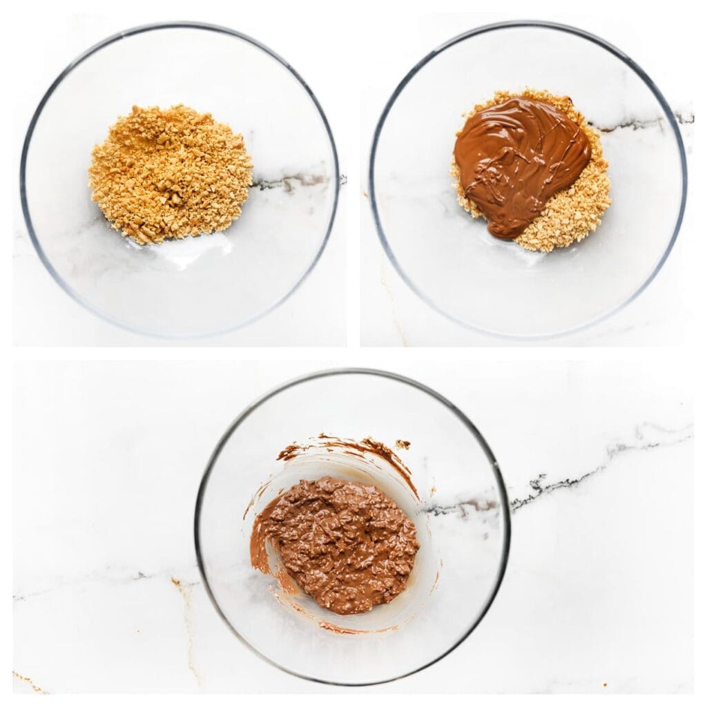 Meng de gemalen pinda’s met de gesmolten melkchocolade in een kom tot een geheel.