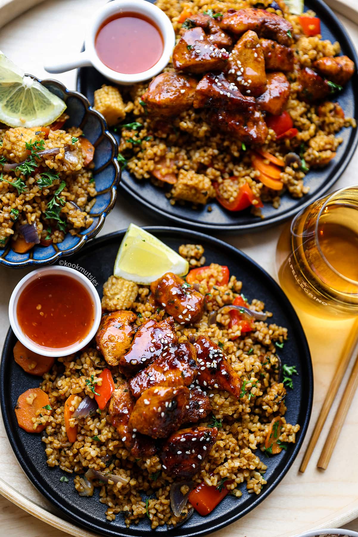 Bulgur met groenten en sticky kip eindresultaat Kookmutsjes