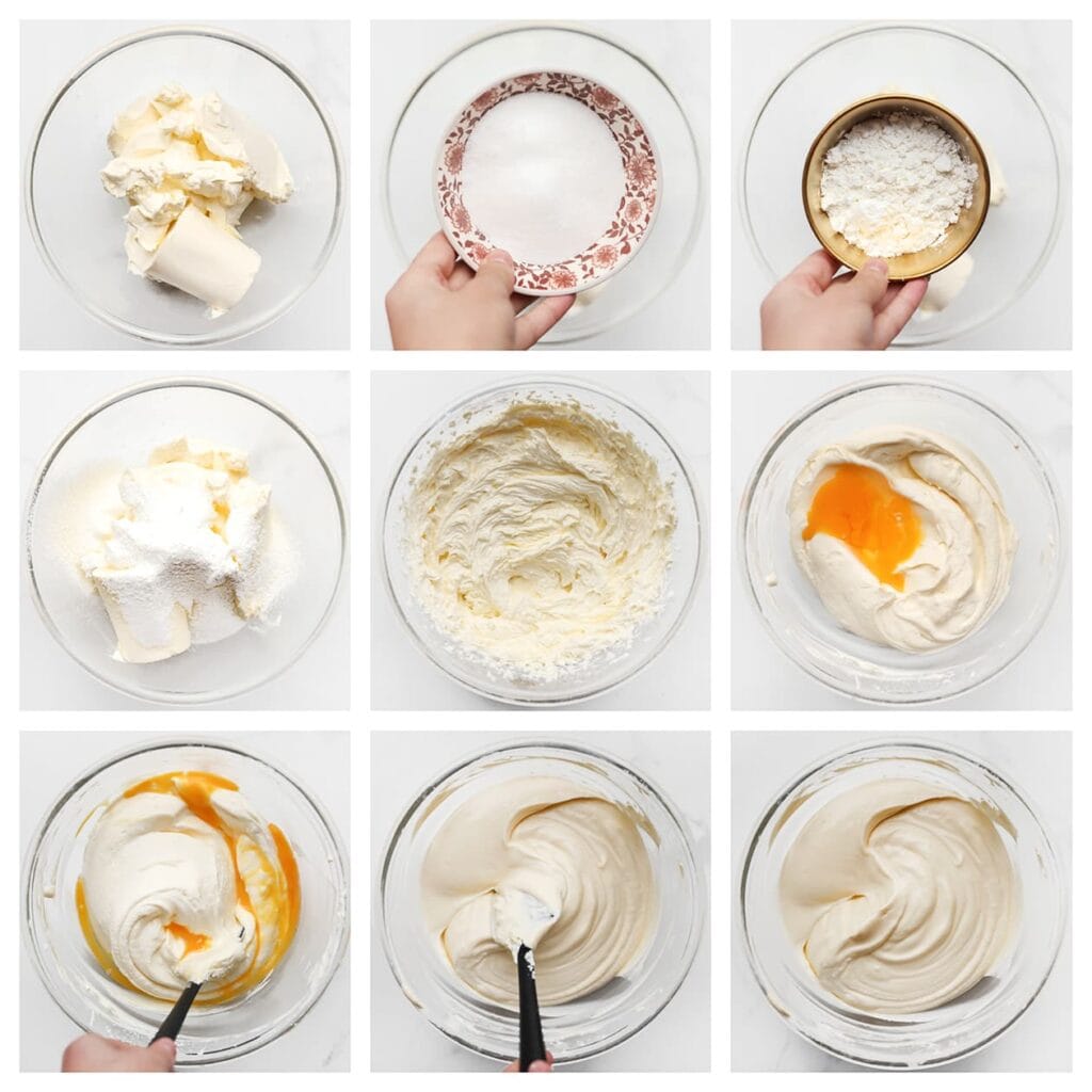 Doe de roomkaas, crème fraîche, kristalsuiker, vanillesuiker en maïzena in een diepe kom. Mix tot een glad geheel. Voeg de eieren één voor één toe en spatel ze voorzichtig door het mengsel. Zorg dat het beslag luchtig blijft.