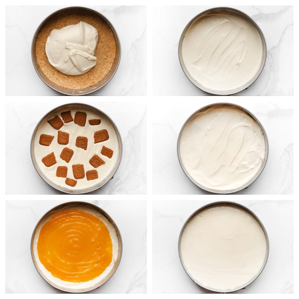 Haal de springvorm met het koekjesdeeg uit de koelkast. Giet een derde van het cheesecakebeslag in de vorm en strijk glad. Spuit een laag perziksiroop over het beslag, maar laat de randen vrij. Herhaal dit met nog een derde van het cheesecakebeslag en strijk opnieuw glad. Verdeel de Biscoff-koekjes over de laag en eindig met het resterende cheesecakebeslag. Maak de bovenkant glad.