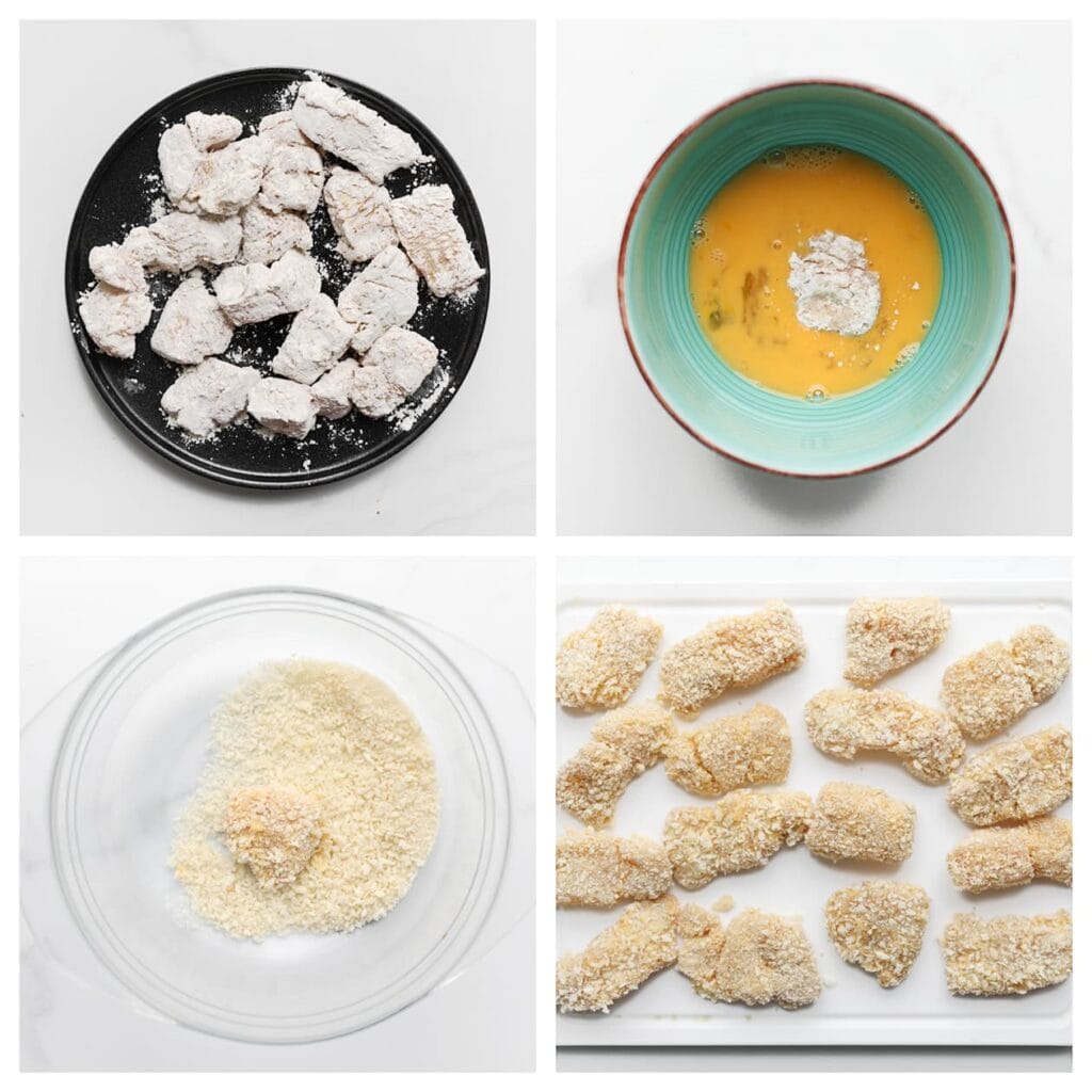 Kluts de eieren in een kom en doe de panko broodkruimels op een bord. Haal de kabeljauwstukken één voor één door het geklutste ei en vervolgens door de panko. Zorg dat elk stuk volledig bedekt is. Plaats de gepaneerde kabeljauwstukken kort in de vriezer om de laag stevig te maken.