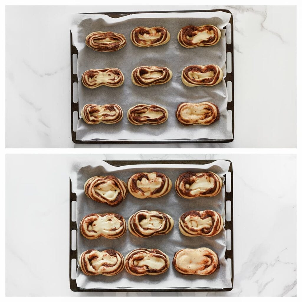 Leg de broodjes op een bakplaat met bakpapier en laat ze 30 minuten rijzen op een warme plek, of tot ze verdubbeld zijn in formaat.