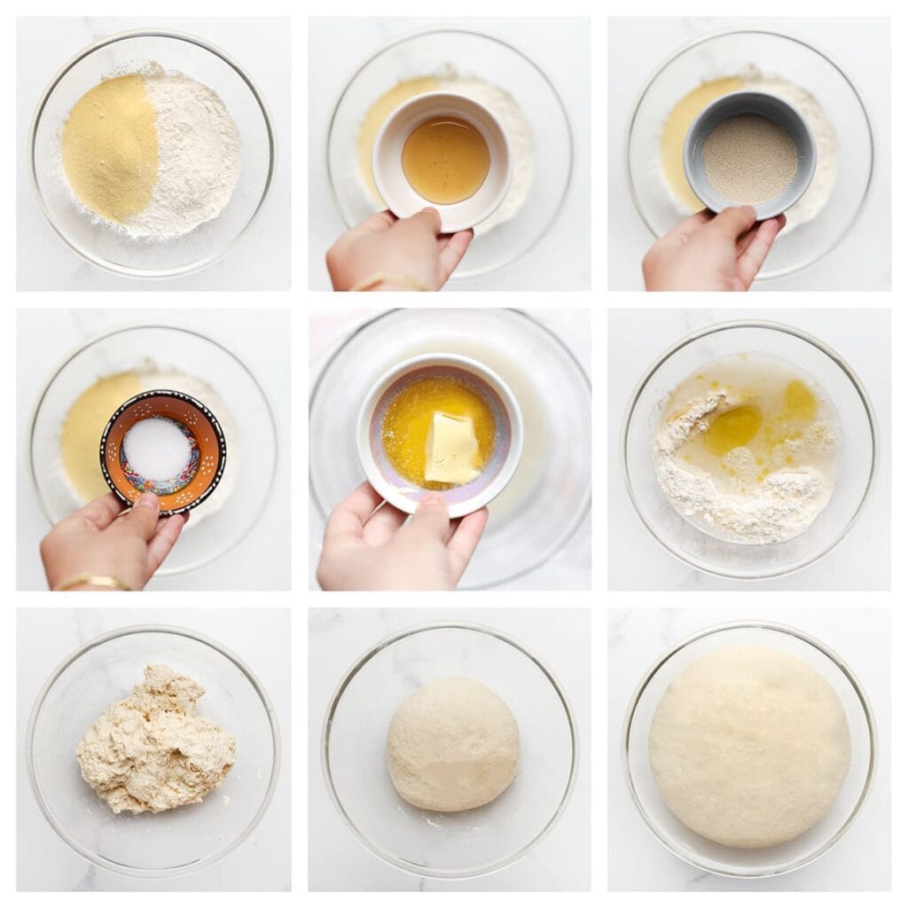 Doe de bloem, fijne griesmeel, gist, honing, het zout, de olijfolie, roomboter en het lauwwarme water in een diepe kom. Meng goed en kneed het deeg 10-12 minuten tot het soepel en elastisch is.