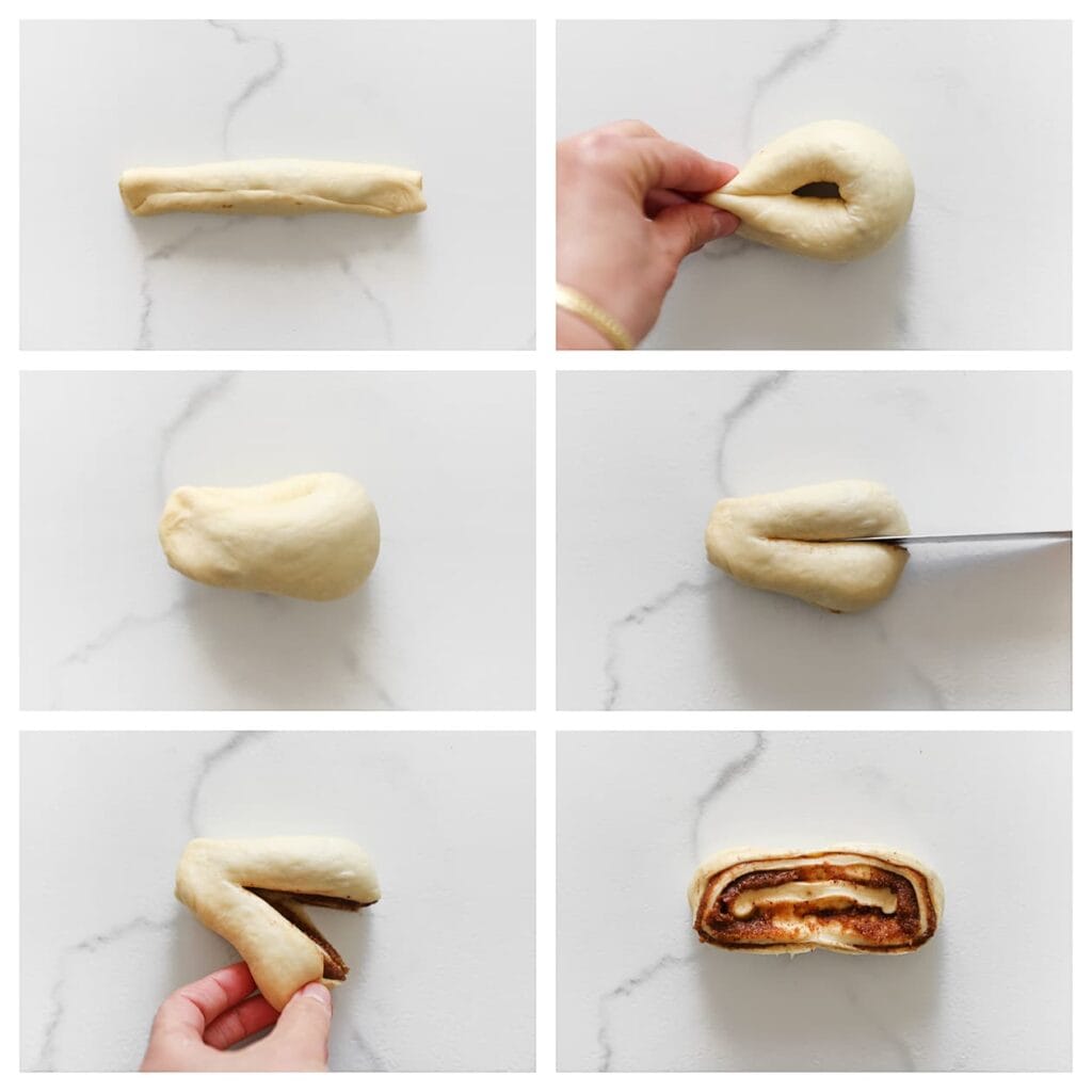 Buig de rol in het midden en breng de uiteinden naar elkaar toe om een lus te vormen. Knijp de uiteinden samen. Maak met een scherp mes een diepe snee langs de gevouwen kant van de lus, zonder helemaal door te snijden. Vouw een van de zijden van de ingesneden lus naar buiten om de lagen met kaneelvulling zichtbaar te maken. Vorm het deeg zo dat de lagen vulling goed zichtbaar zijn en zorg ervoor dat het een mooie, gelijkmatige vorm heeft.