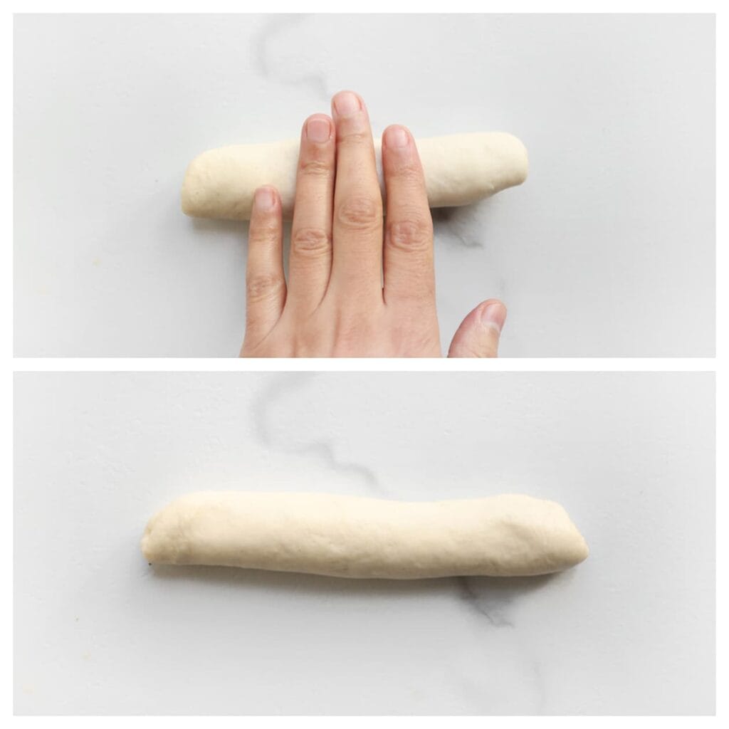 Rol de staaf lichtjes langer en platter met je handpalm of vingers.