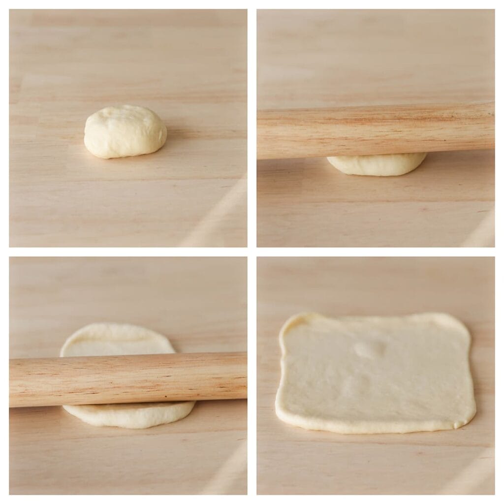 Rol elk bolletje uit tot een vierkant lapje van 14 bij 14 cm.