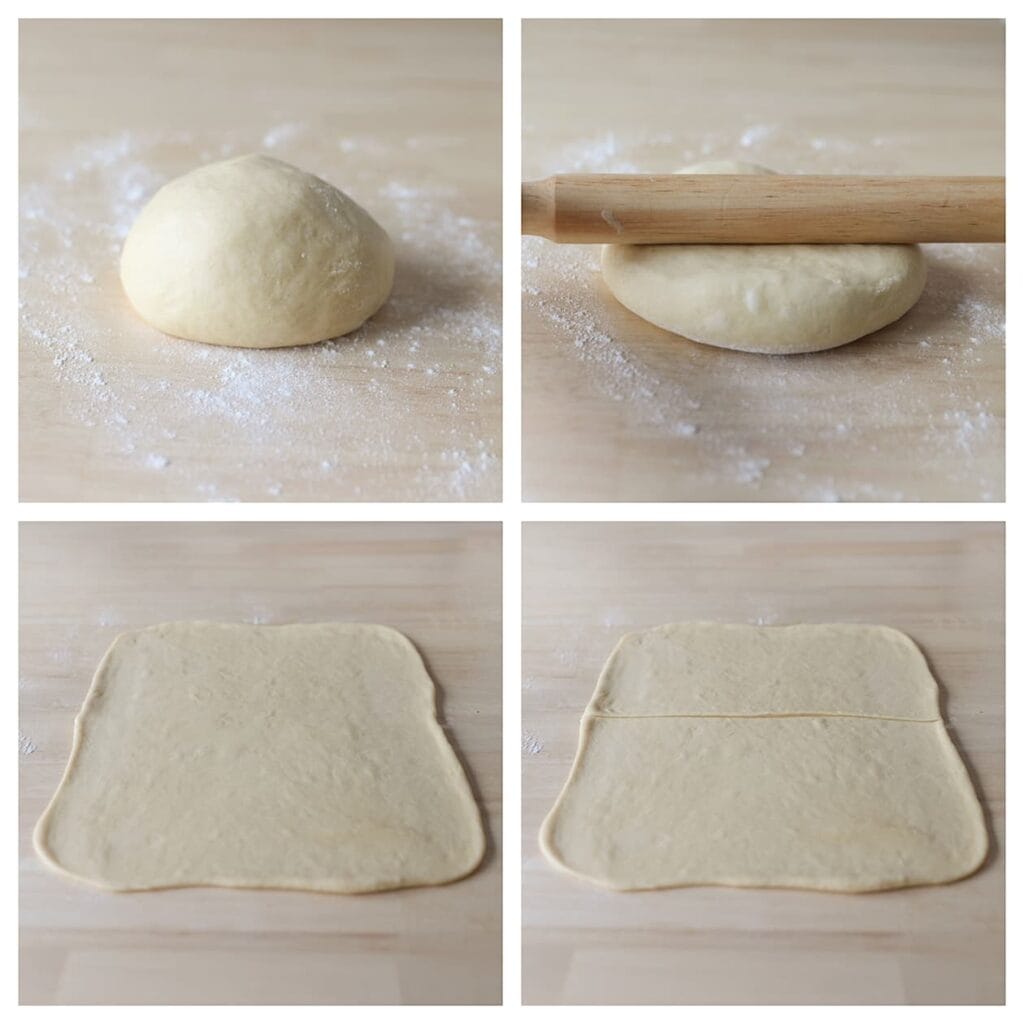 Bestuif je werkplek licht met bloem en rol het deeg uit tot een grote rechthoekige lap van ongeveer 1 cm dik. Snijd het deeg doormidden, zodat je twee gelijke rechthoeken hebt.