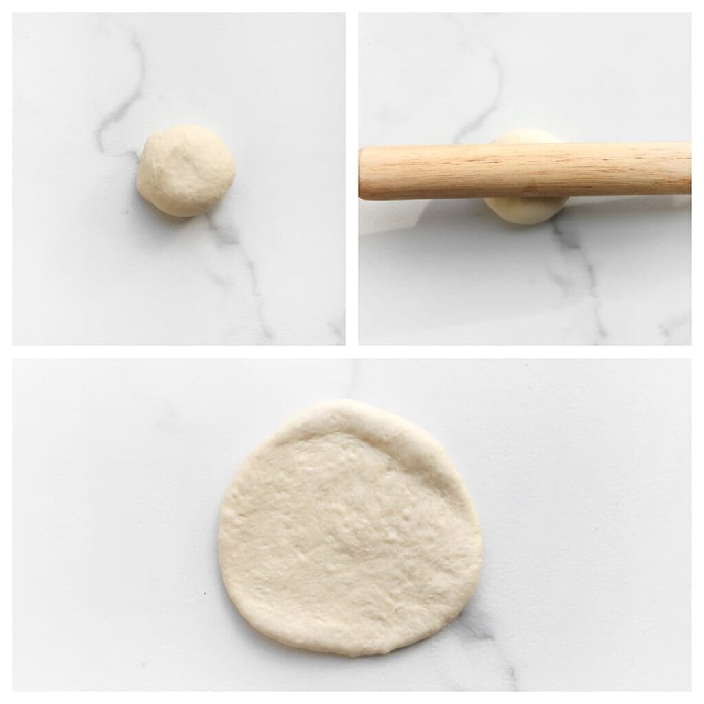 Rol elk bolletje met een deegroller uit tot een ronde lap.