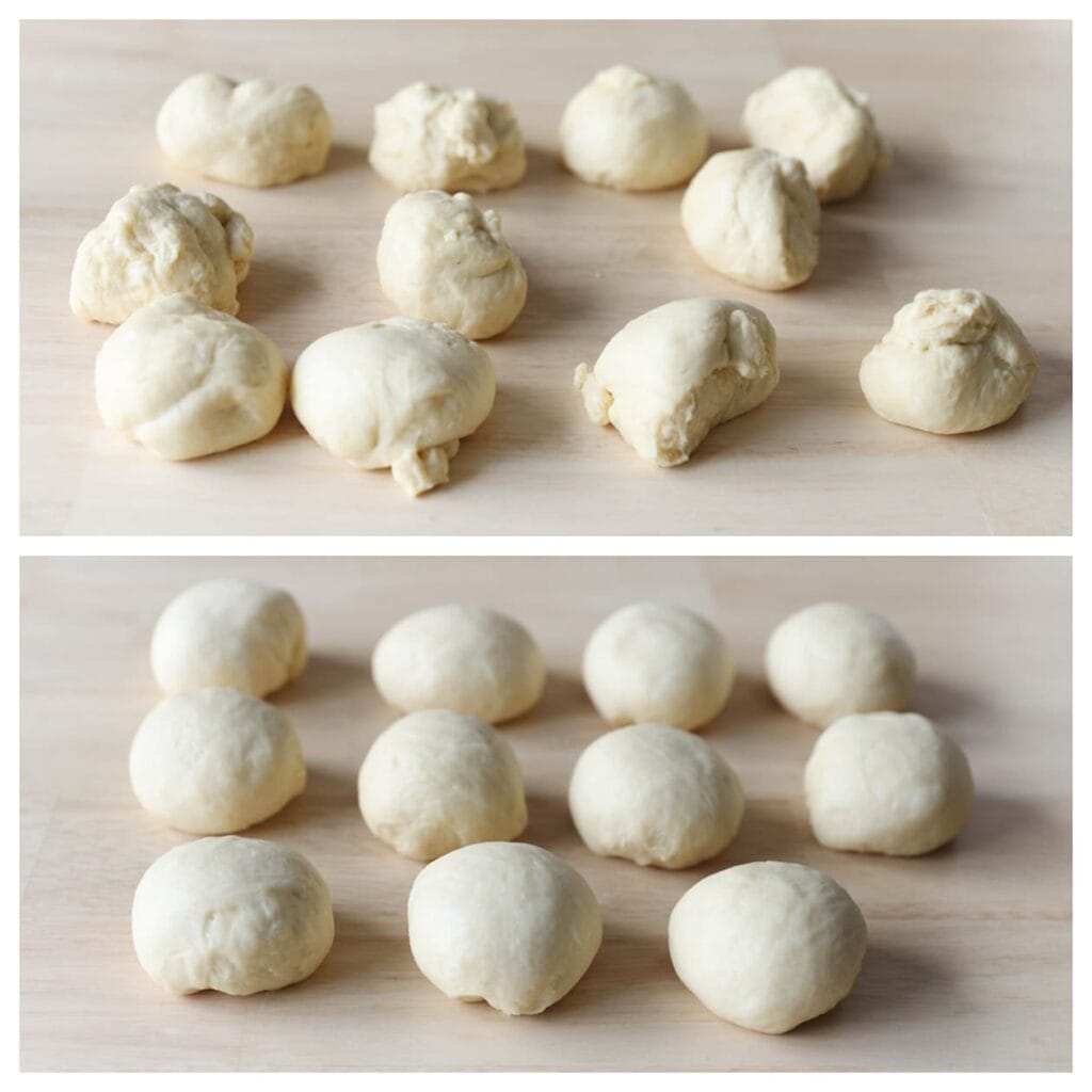 Druk de lucht uit het deeg en verdeel het in 11 gelijke stukken van elk ongeveer 68 gram. Vorm de stukken tot mooie bolletjes.