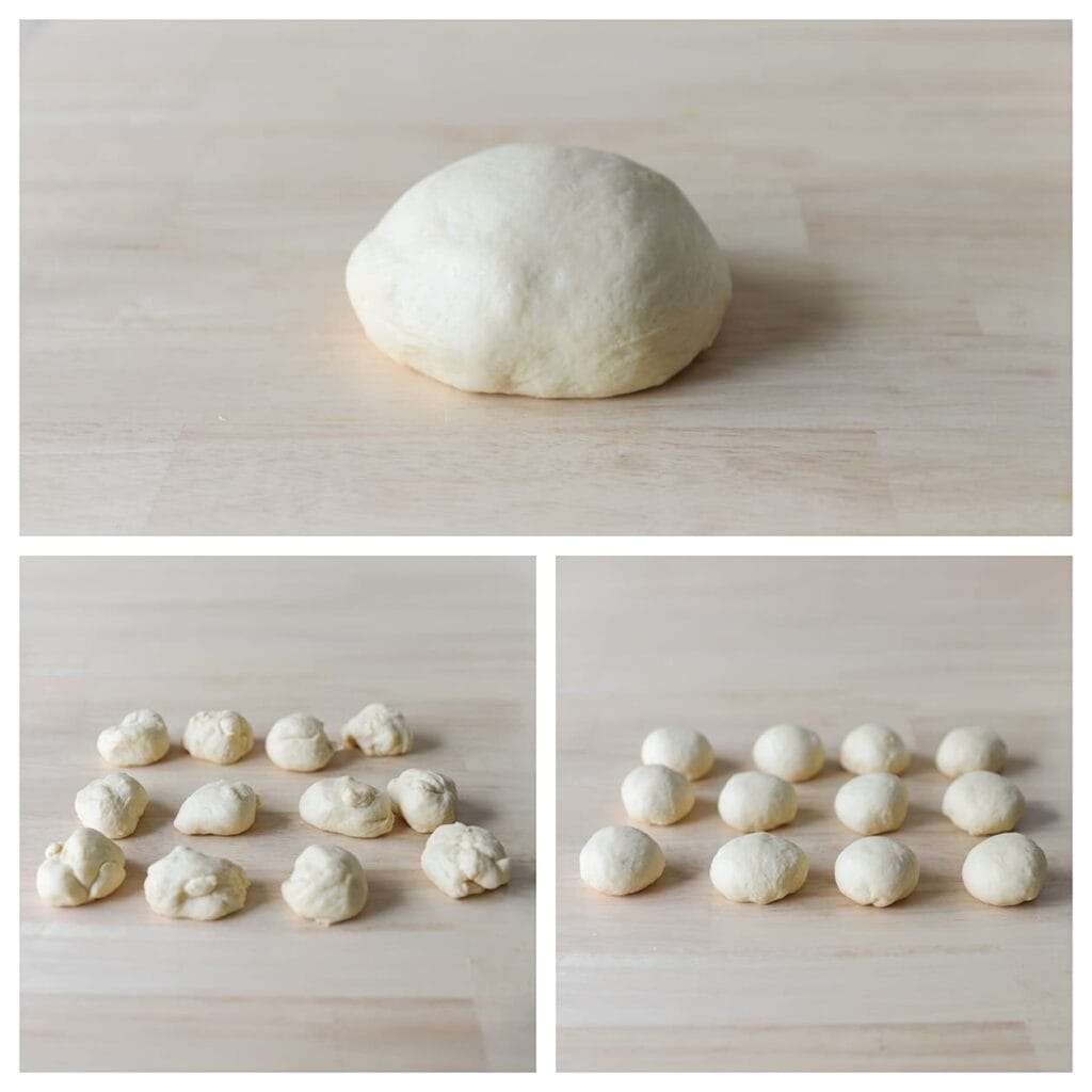 Druk de lucht uit het gerezen deeg en verdeel het in 12 gelijke stukken van elk ongeveer 61 gram. Vorm elk stuk tot een bolletje.