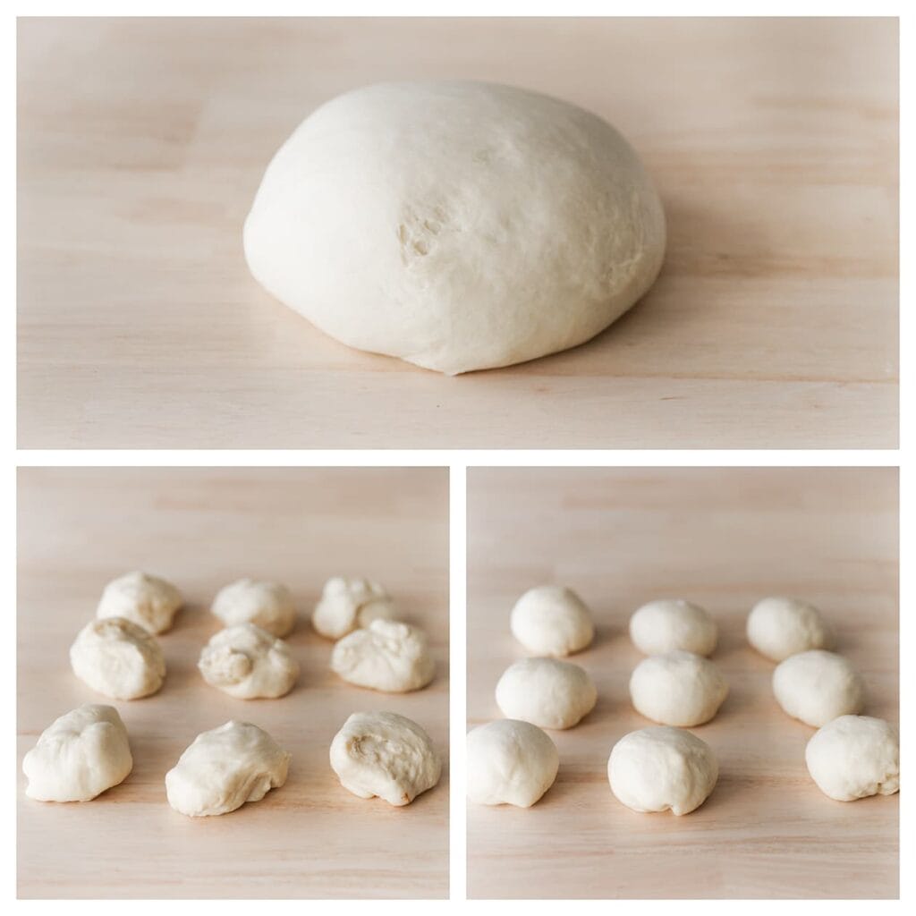 Druk de lucht uit het deeg en verdeel het in 9 gelijke stukken (ca. 83 g per stuk). Vorm elk stuk tot een mooi bolletje.