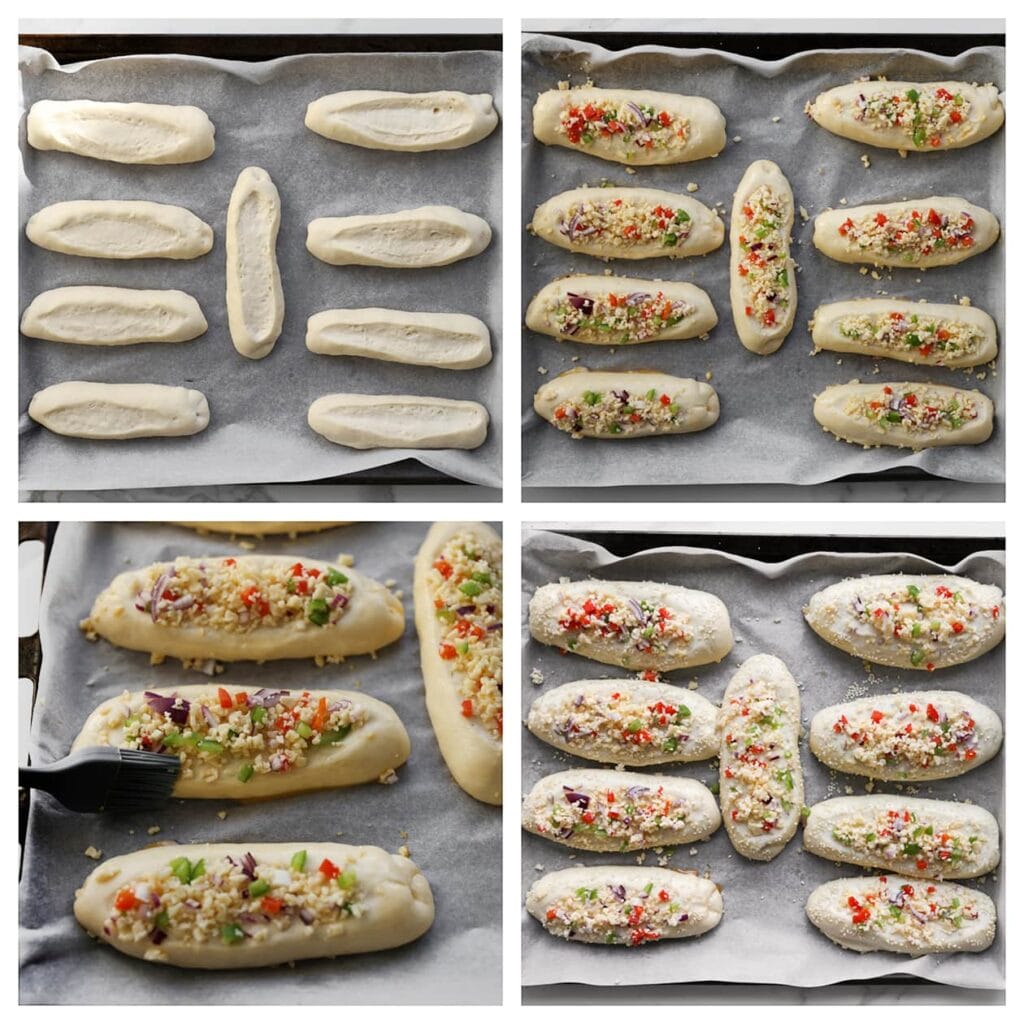 Vul de inkepingen van de broodjes met het kaasmengsel. Bestrijk de zijkanten met eigeel of melk voor een glanzende afwerking. Laat de broodjes rijzen totdat ze in volume zijn verdubbeld.