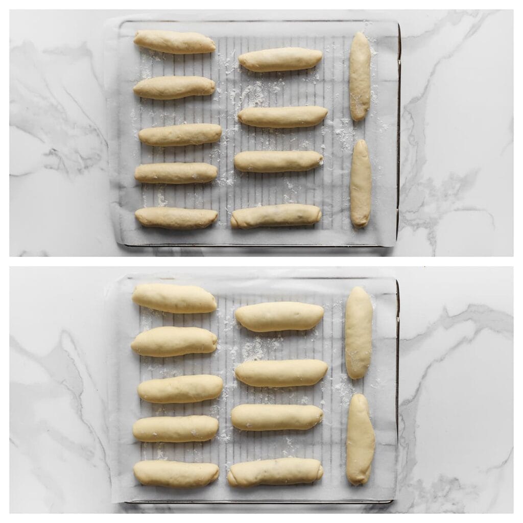 Leg de opgerolde deegstaven op een bakplaat met bakpapier. Maak met een mes een inkeping over de lengte van elk broodje. Laat de broodjes 30 minuten rijzen, of totdat ze in volume zijn verdubbeld.