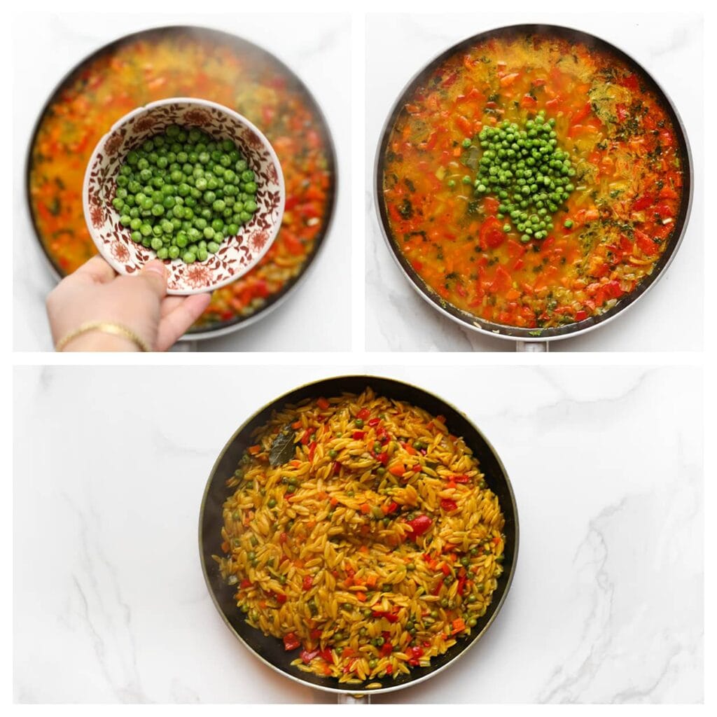 Voeg de doperwten toe, dek de pan opnieuw af en laat het geheel nog 10 minuten zachtjes koken, of tot de orzo gaar is. Haal de pan van het vuur en laat het gerecht 15 minuten rusten met de deksel erop.