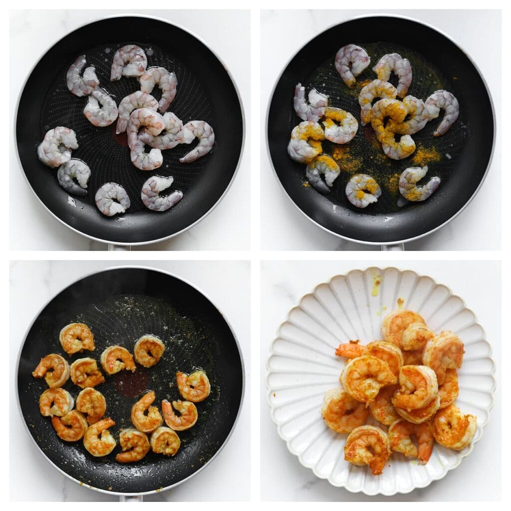 Verhit 15 ml zonnebloemolie in een koekenpan op middelhoog vuur. Voeg de garnalen en currypoeder toe. Bak 2-3 minuten, of tot de garnalen net gaar zijn. Haal ze uit de pan en zet apart.