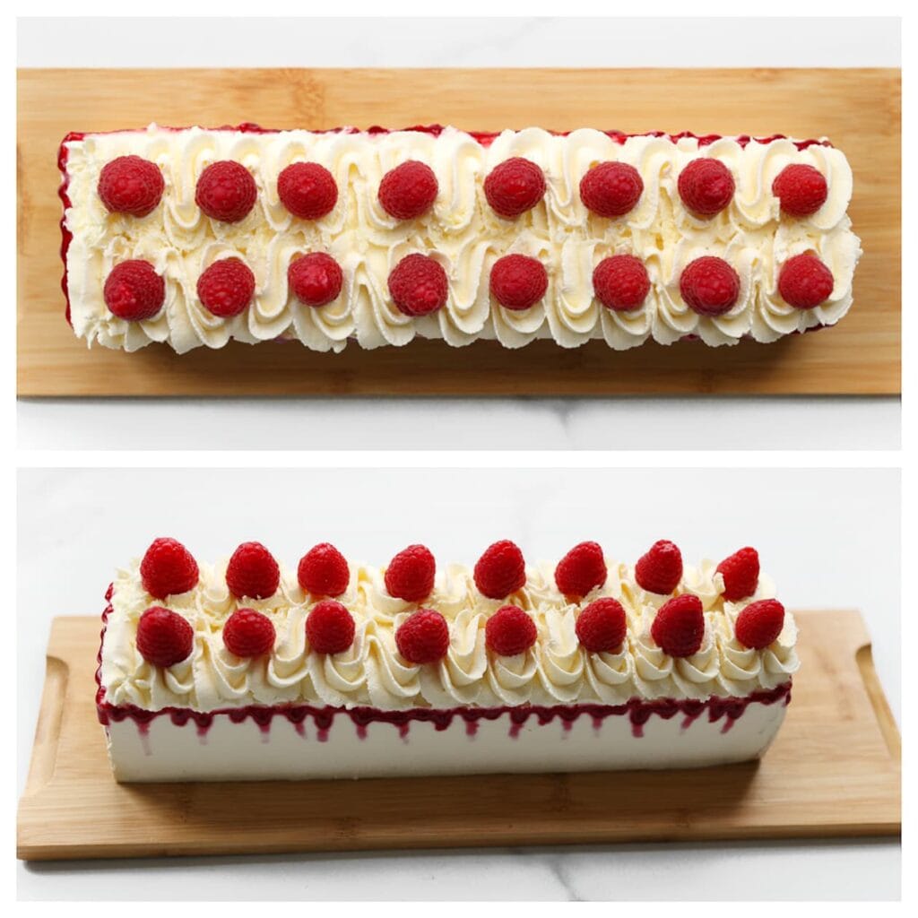 Voeg indien gewenst verse frambozen toe als decoratie. Voor een feestelijke afwerking spuit je een drip van de frambozensiroop langs de zijkanten. Laat de taart minimaal 4-6 uur (het liefst een hele nacht) in de koelkast staan. De koekjes worden dan zachter en de smaken trekken beter in elkaar.