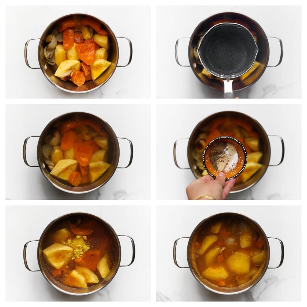 Doe de gegrilde groenten in een grote pan. Voeg het gekookte water toe, samen met de cayennepeper, uienpoeder, knoflookpoeder, zwarte peper, korianderpoeder en het verkruimelde kippenbouillonblokje. Roer goed door en laat het geheel 25-30 minuten zachtjes koken.