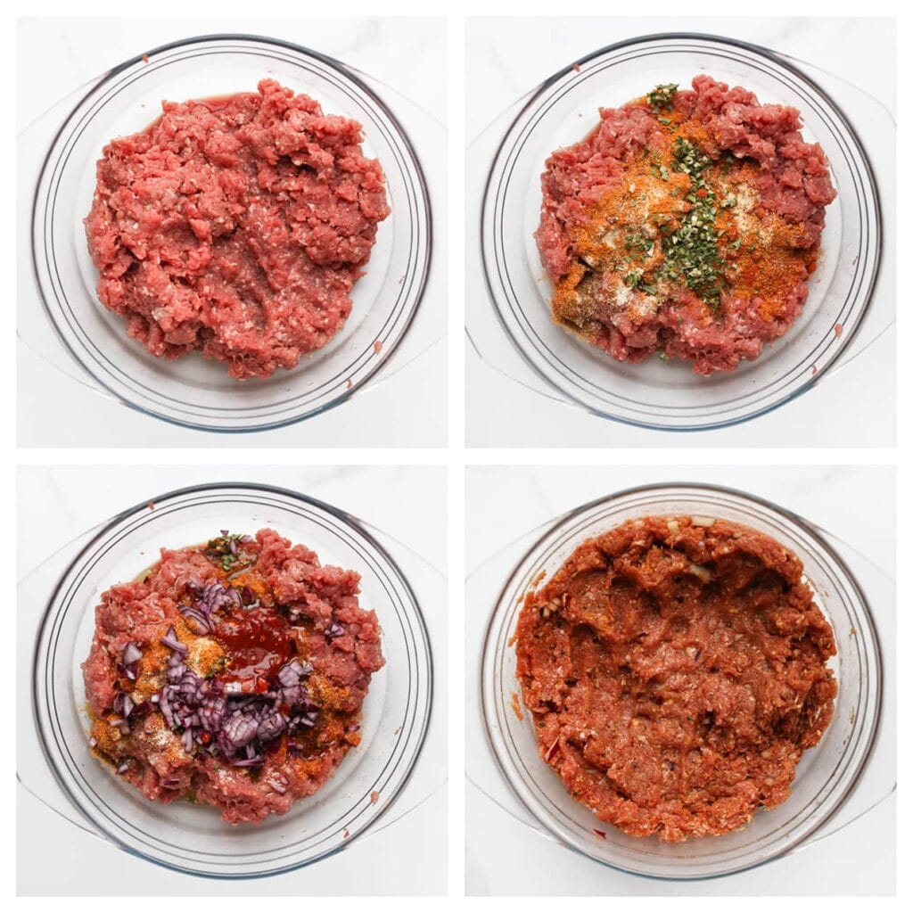 Doe het gehakt, zout, de ras el hanout, kurkuma, cayennepeper, knoflookpoeder, uienpoeder, gedroogde peterselie, fijn gesnipperde rode ui en sambal oelek in een diepe kom. Meng alles goed door elkaar.