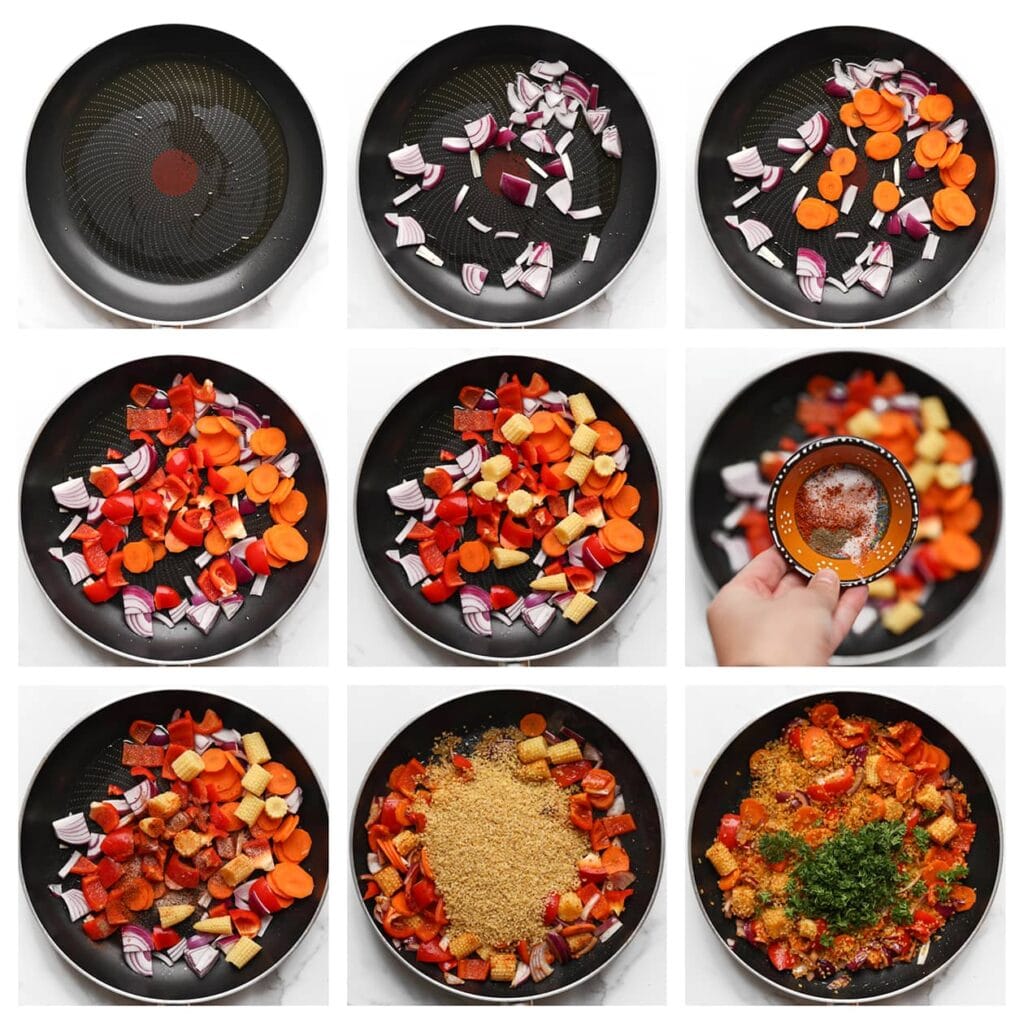 Verhit 40 ml olijfolie in een grote pan op middelhoog vuur. Voeg de gesneden rode ui, wortel, paprika, babymaïs, zout, cayennepeper, korianderpoeder, bulgur en de fijngehakte peterselie toe. Meng alles goed. 