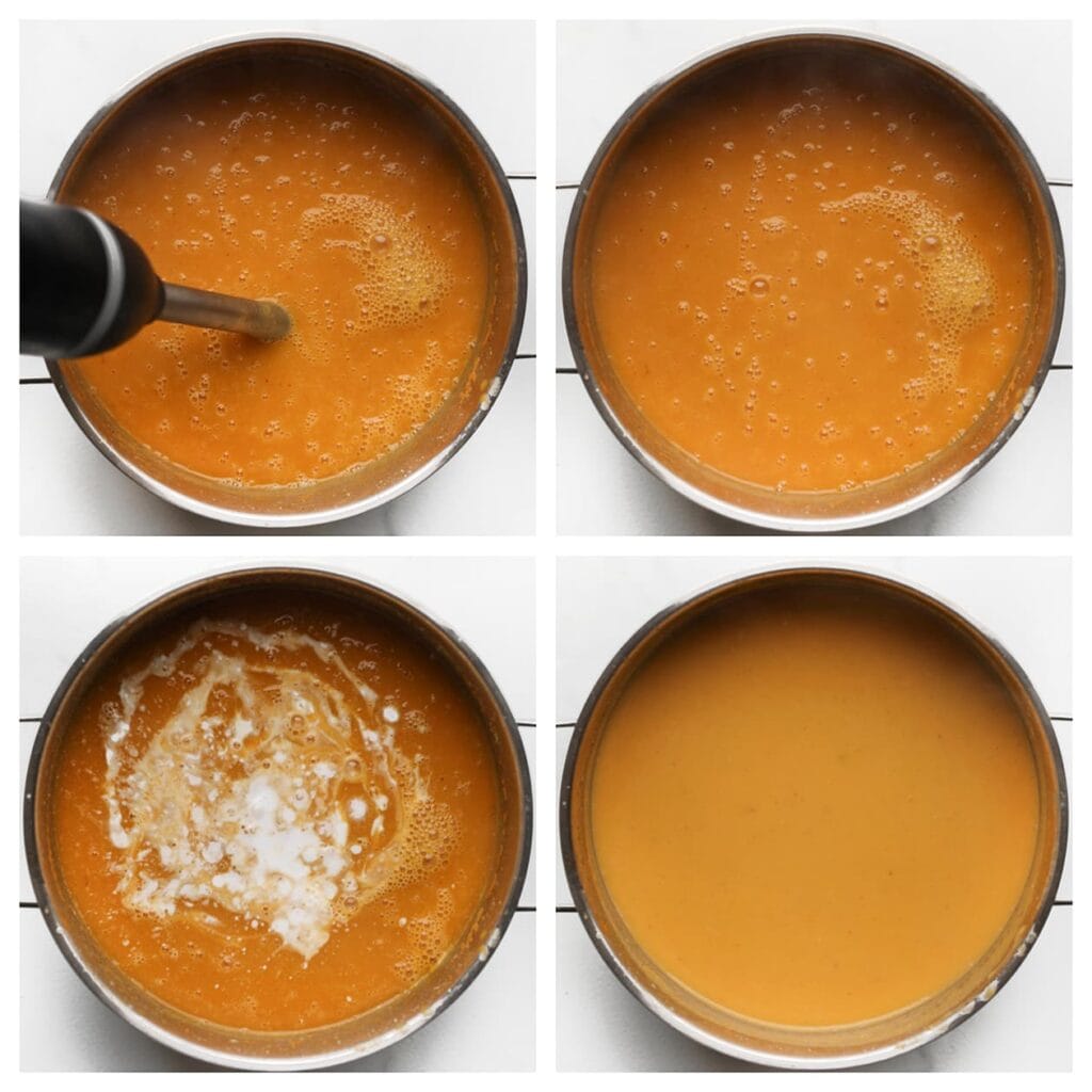 Gebruik een staafmixer om de soep te pureren tot een glad geheel. Voeg de kokosmelk toe, roer goed door en laat de soep nog 5 minuten zachtjes koken.