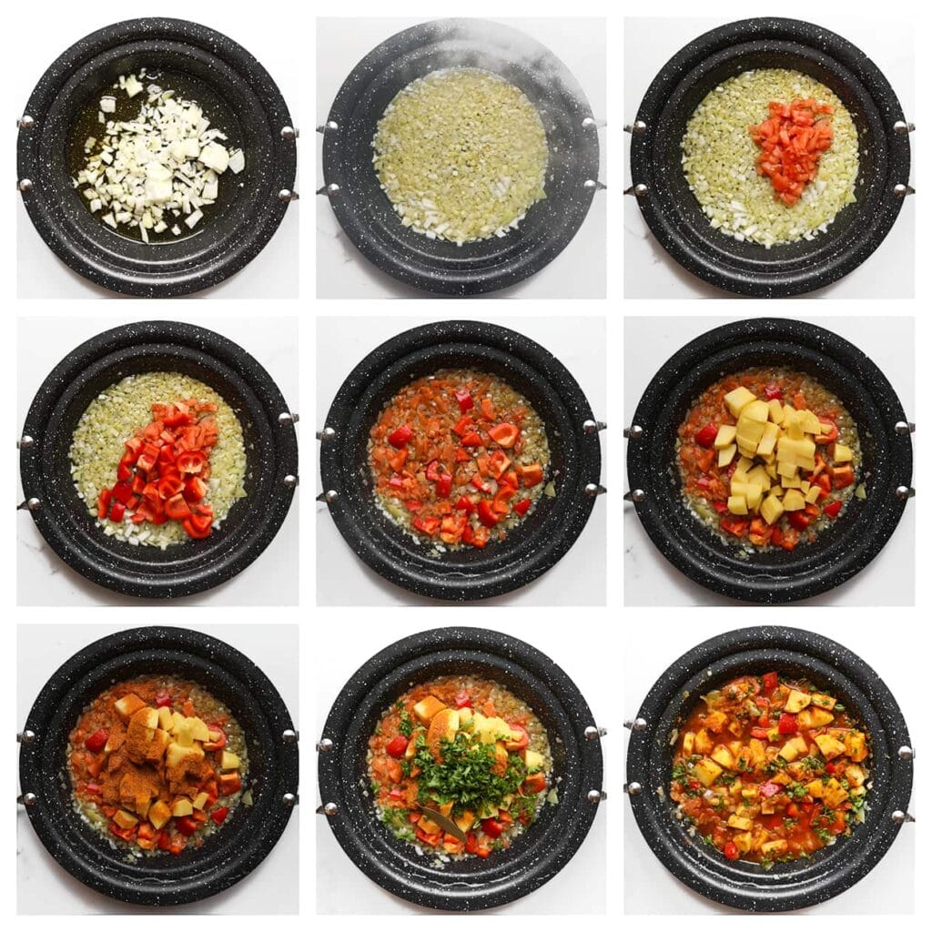 Verhit 50 ml olijfolie in een pan op middelhoog vuur. Voeg de gesnipperde gele ui toe en bak 2-3 minuten tot ze glazig zijn. Voeg de stukjes tomaat en rode paprika toe. Dek de pan af en laat 5 minuten zachtjes koken. Voeg de aardappelblokjes, het overige kruidenmengsel, gehakte peterselie en het laurierblaadje toe. Meng alles goed door elkaar.