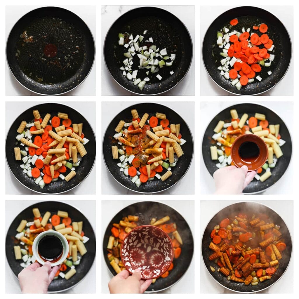 Gebruik dezelfde pan. Verhit 25 ml zonnebloemolie en voeg de fijngesneden gele ui, plakjes wortel en stukjes babymaïs toe. Voeg daarna currypoeder, cayennepeper, zwarte peper en uienpoeder toe. Meng alles goed en bak 2-3 minuten. Voeg de sojasaus, oestersaus, ketjap manis en het apart gehouden noedelwater toe. Roer alles door elkaar en laat 5 minuten sudderen.