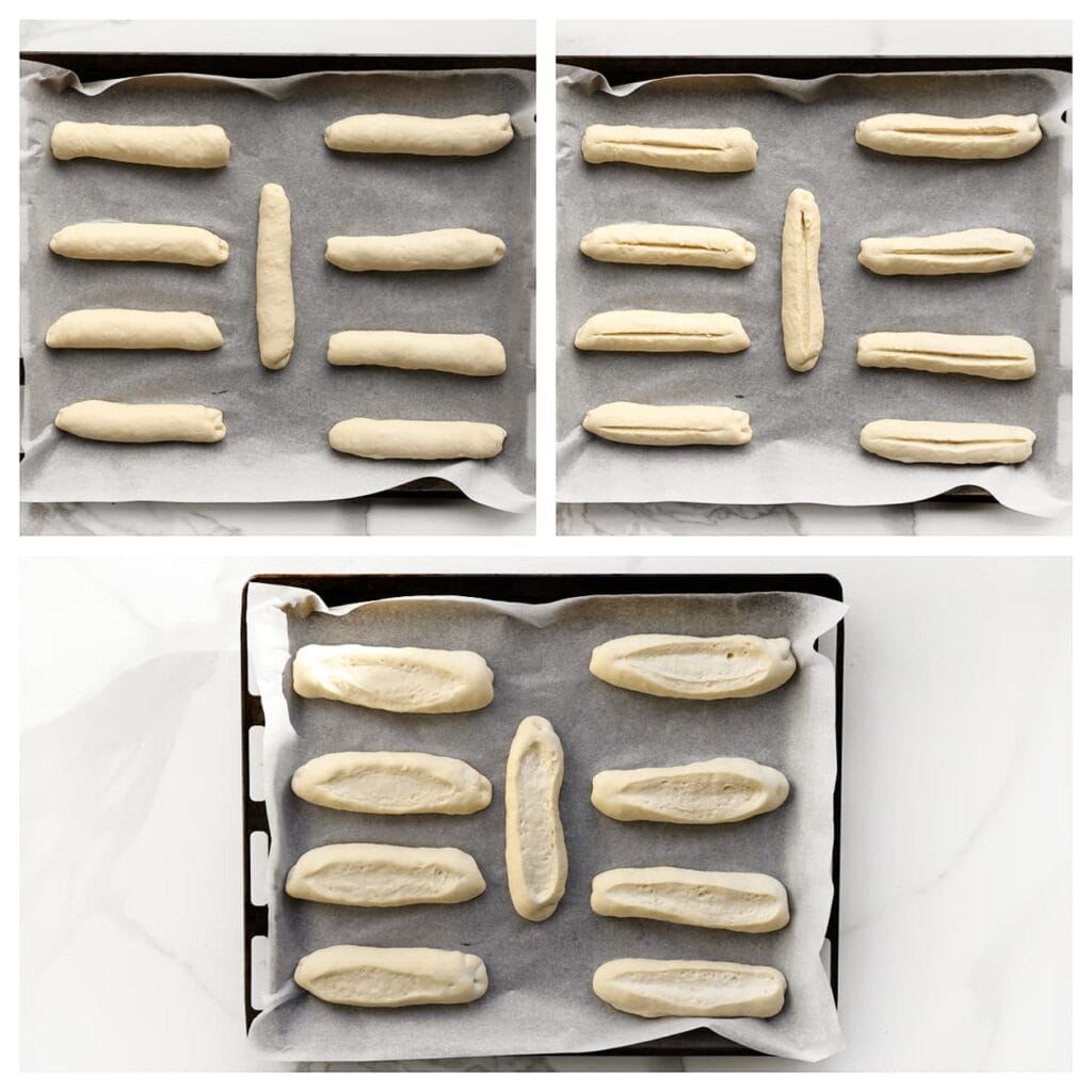 Leg de opgerolde deegstaven op een bakplaat met bakpapier. Maak met een mes een inkeping over de lengte van elk broodje.