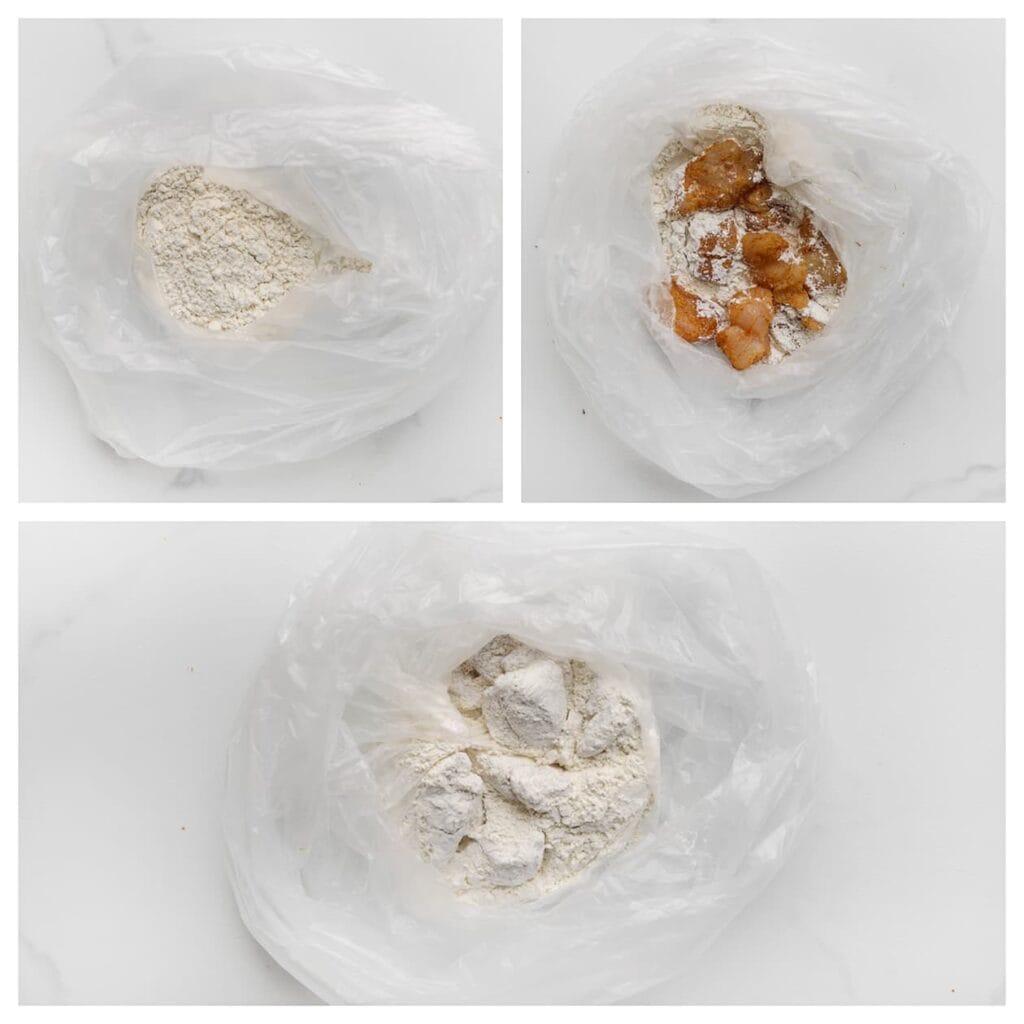 Doe het bloemmengsel in een zak. Voeg de kabeljauwstukken toe en schud totdat alle stukken volledig bedekt zijn.