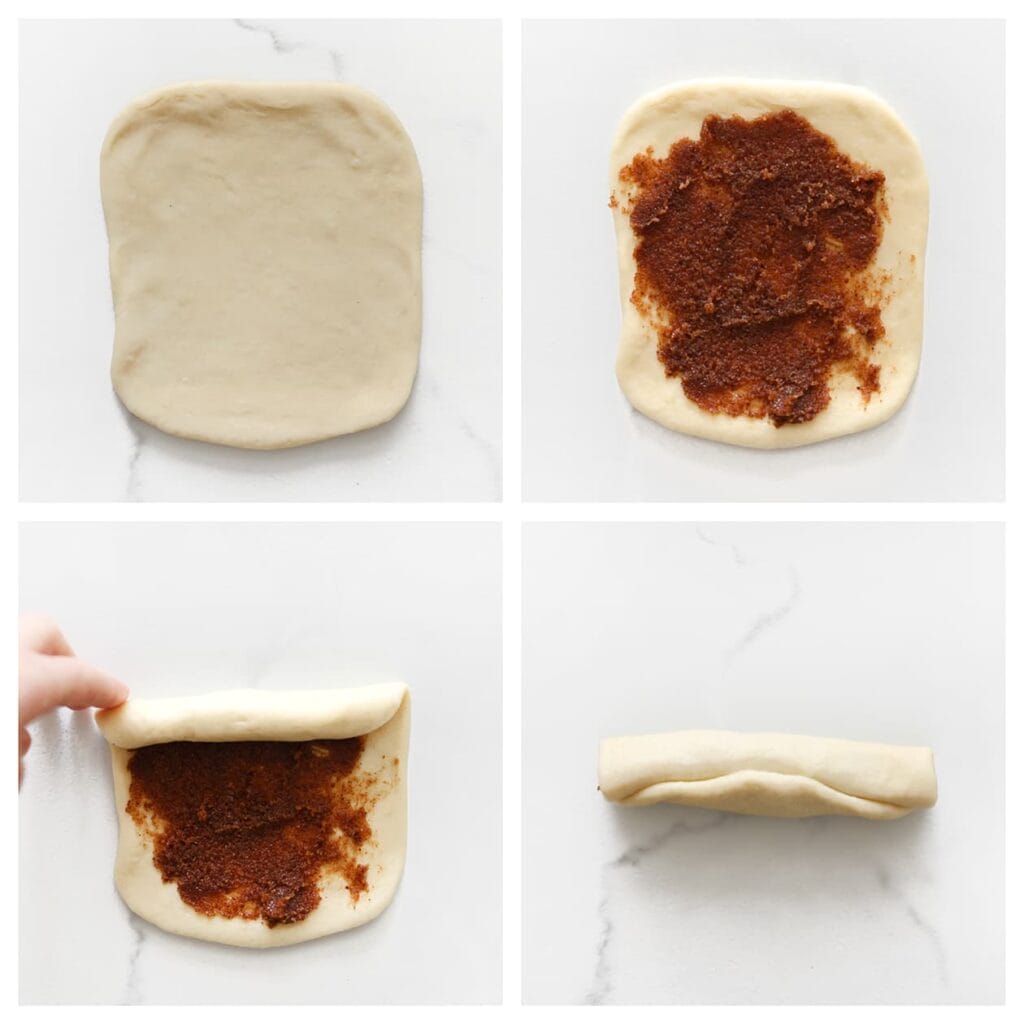 Bestrijk het oppervlak gelijkmatig met ongeveer 26 gram kaneelmengsel. Rol het deeg strak op vanaf een lange zijde tot een dunne rol.