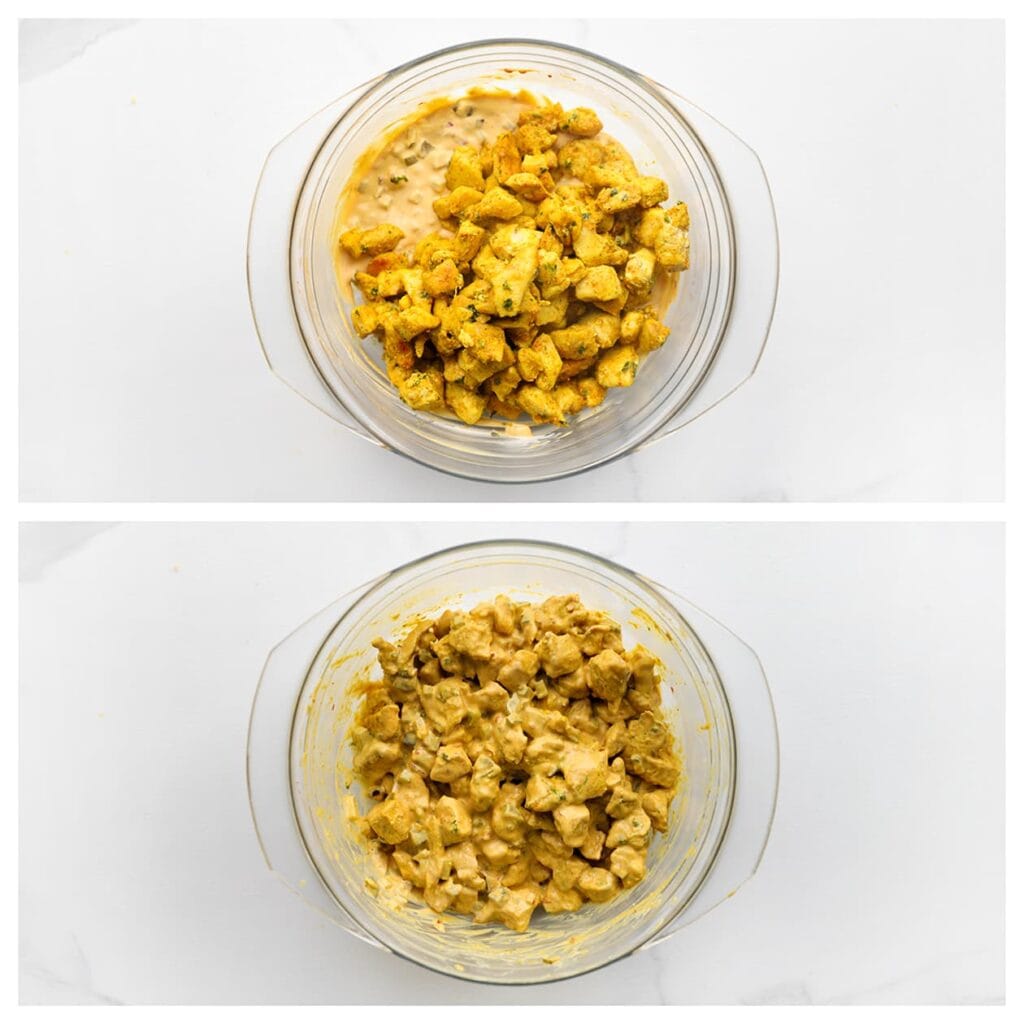 Voeg de afgekoelde kip toe aan de saus en meng goed door.