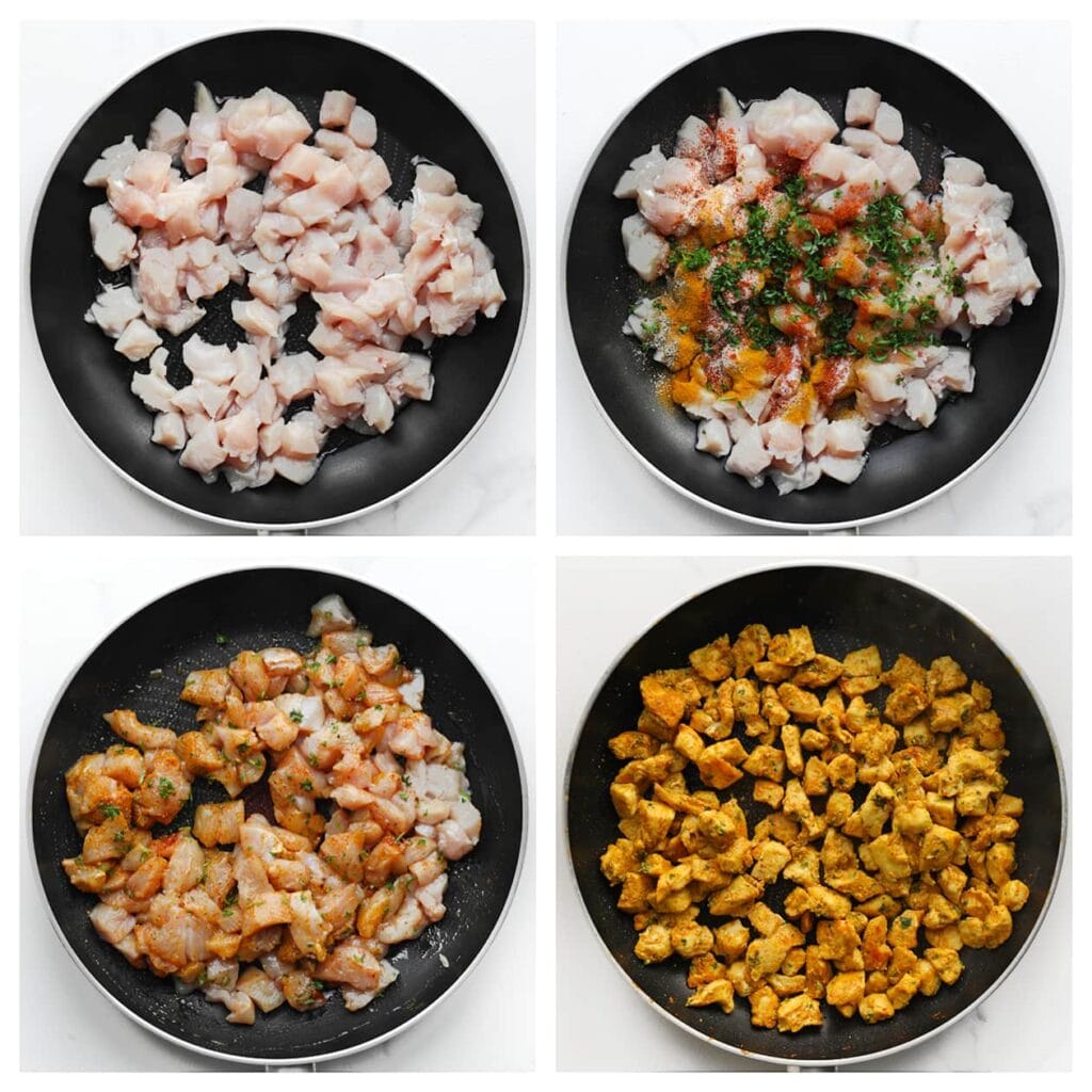 Verhit de olijfolie in een koekenpan op middelhoog vuur. Voeg de kipfilet, het zout, knoflookpoeder, uienpoeder, de zwarte peper, kurkuma en gehakte peterselie toe. Bak 5-6 minuten tot de kip gaar is. Laat het mengsel afkoelen.