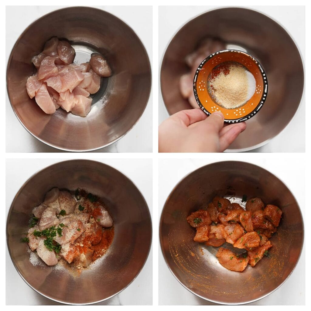 Was en snijd de kippendijen in stukken en doe ze in een diepe kom. Voeg knoflookpoeder, uienpoeder, cayennepeper, zout, olijfolie en ketjap manis toe. Meng alles goed door elkaar.