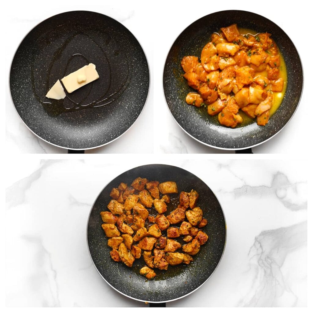 Verhit 20 ml olijfolie samen met de roomboter in een koekenpan op middelhoog vuur. Voeg de gemarineerde kippendijen toe en bak ze in enkele minuten goudbruin en gaar. Zet apart.