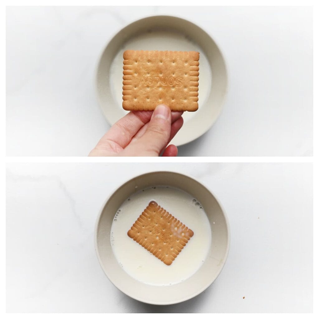 Doop de petit beurre koekjes kort in melk. 