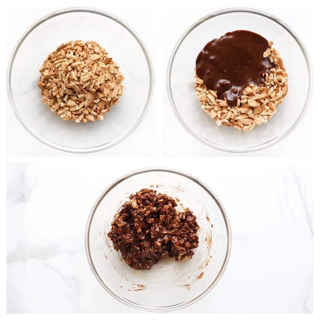 Verkruimel de theebiscuits tot kleine stukjes en doe deze in een diepe kom. Voeg de afgekoelde chocoladeganache toe en meng alles tot een egaal geheel.