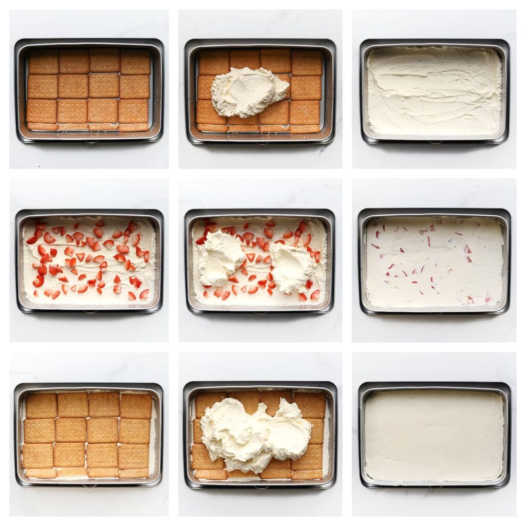 Leg ze op de bodem van een springvorm. Schep een derde van de room over de koekjeslaag en strijk glad. Verdeel de stukjes aardbei (75 gr) over de room. Herhaal dit met een nieuwe laag koekjes en een tweede derde van de room. Eindig met een derde laag koekjes en de rest van de room. Strijk de bovenkant egaal glad. Dek de springvorm af en laat minimaal 4-5 uur opstijven in de koelkast, bij voorkeur een hele nacht.