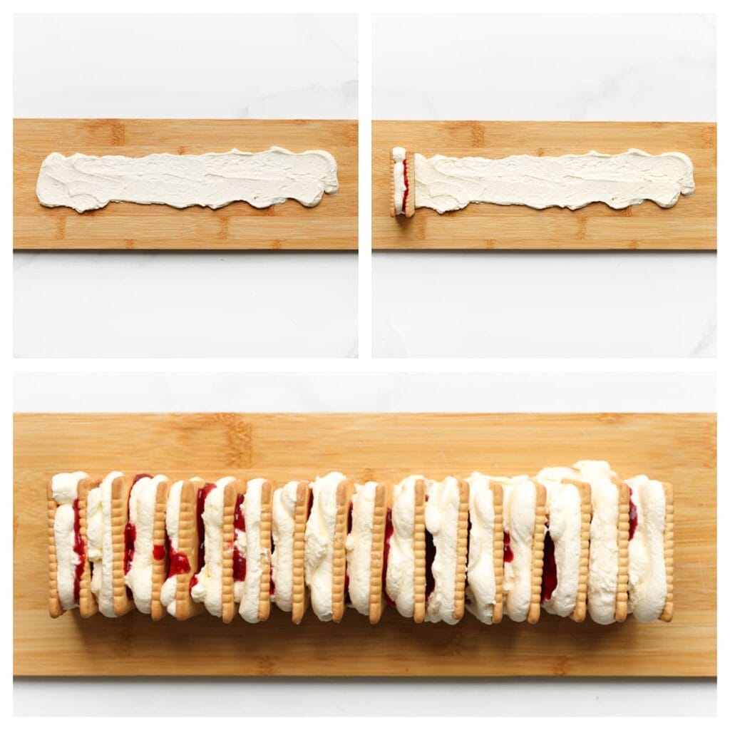 Neem een plaat of onderlegger en spuit een dun laagje room als basis. Plaats de gevulde koekjes rechtop naast elkaar in een rij. Herhaal dit tot alle koekjes zijn gebruikt. 