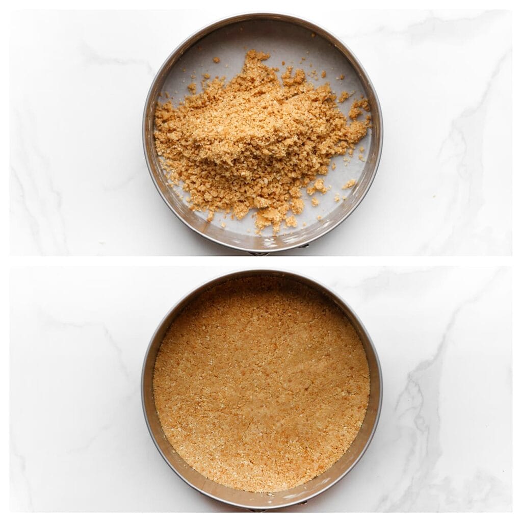 Bekleed de bodem van een springvorm met bakpapier. Verdeel het koekjesmengsel gelijkmatig over de bodem en druk stevig aan met de achterkant van een lepel. Zet de springvorm kort in de koelkast.