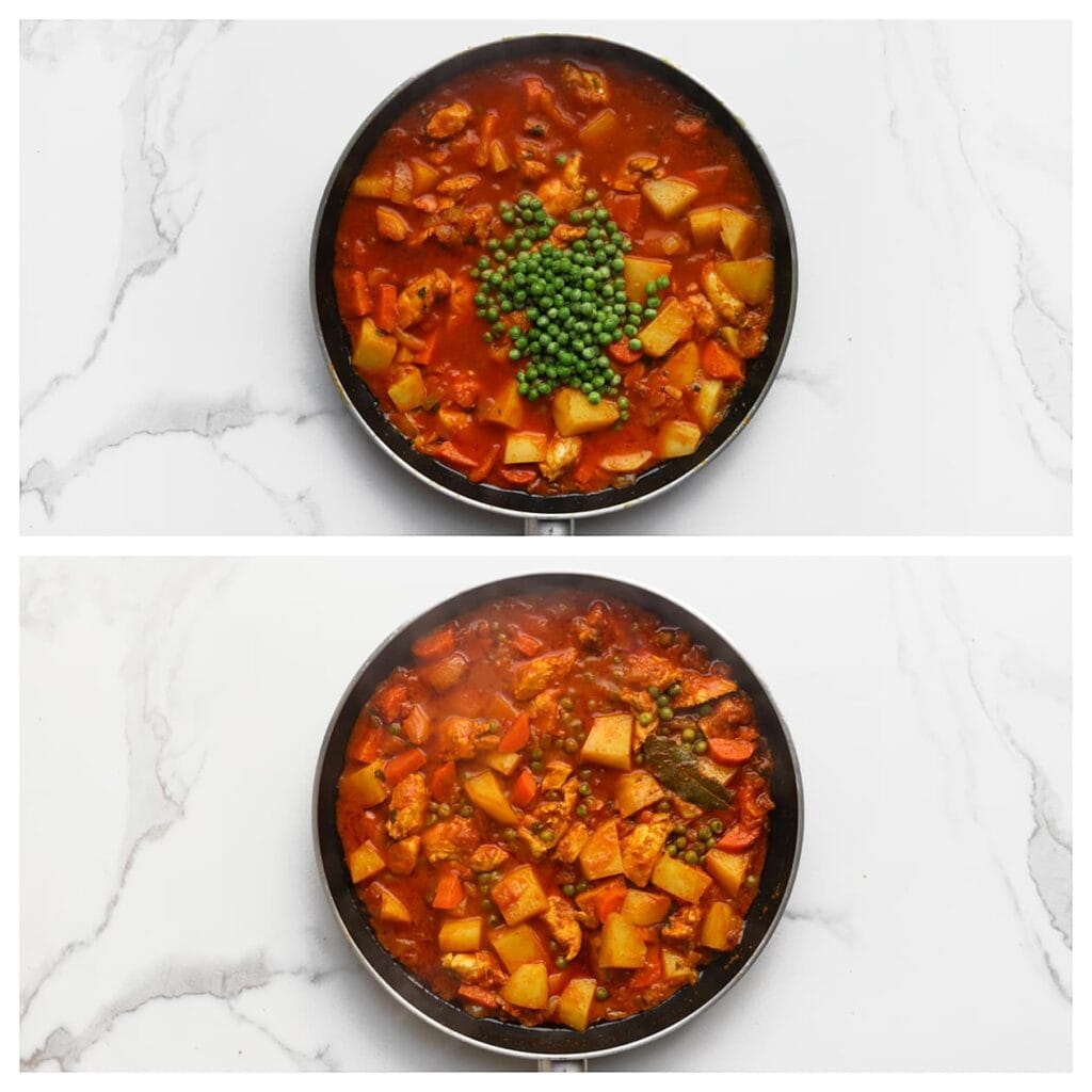 Voeg tot slot de doperwten toe en laat het gerecht nog 10 minuten zachtjes koken tot de groenten gaar zijn en de saus wat is ingedikt.