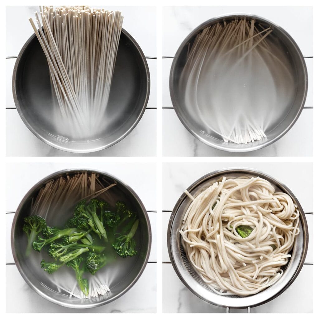 Breng een pan met ruim water aan de kook. Voeg de noedels toe en laat ze zacht worden. Voeg vervolgens de bimi toe en kook beide samen 5-7 minuten. Schep voorzichtig 60 ml noedelwater uit de pan en zet apart. Giet de noedels en bimi af in een vergiet.