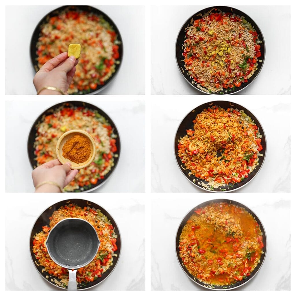 Verkruimel het kippenbouillonblokje boven de pan en voeg vervolgens de ras el hanout, kurkuma, cayennepeper, knoflookpoeder en het laurierblaadje toe. Meng goed door elkaar. Voeg het gekookte water toe en breng aan de kook. Zet het vuur laag, dek de pan af en laat 5 minuten zachtjes koken.