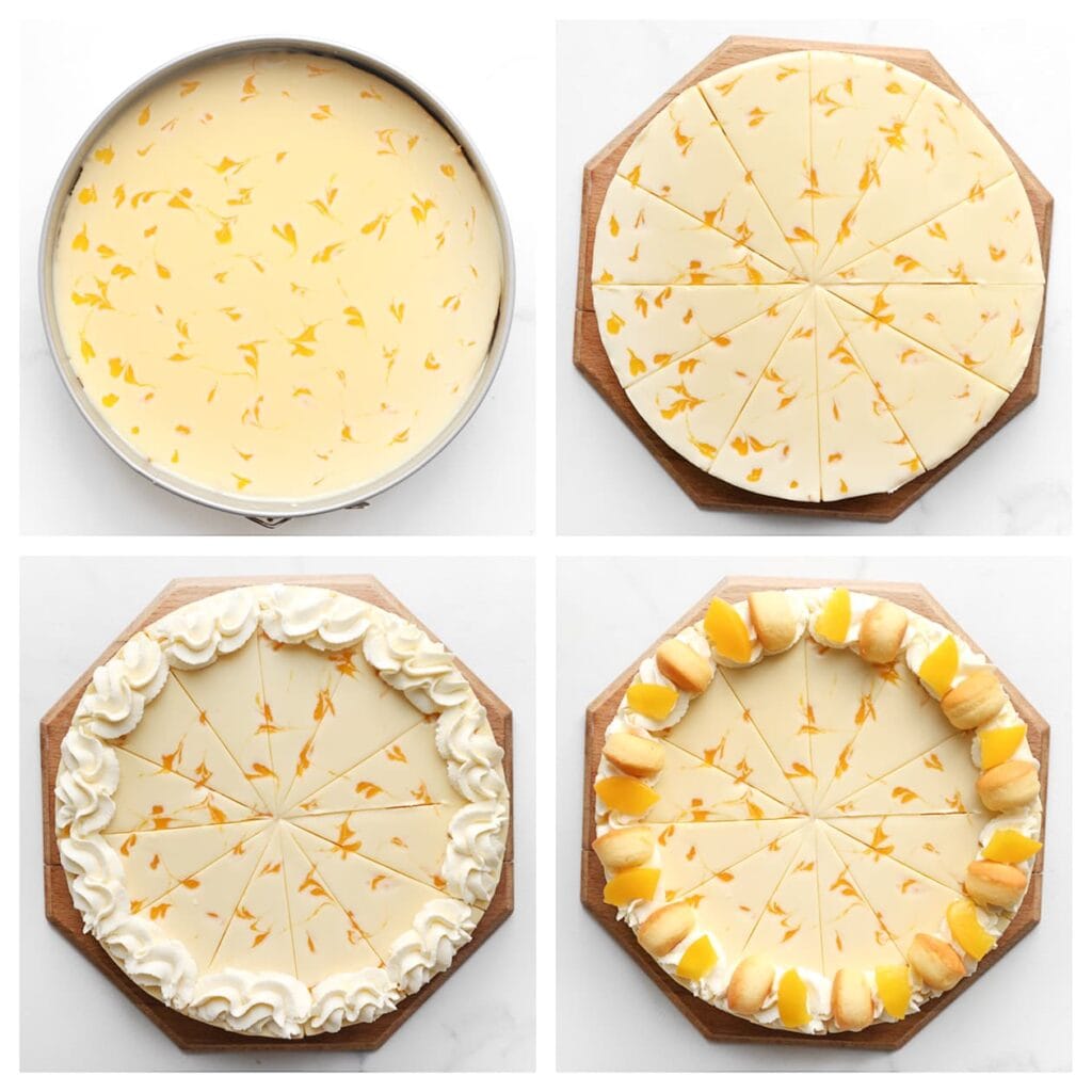 Snijd de cheesecake in mooie punten. Garneer naar wens met toefjes room, een stukje perzik en een halve mini muffin.