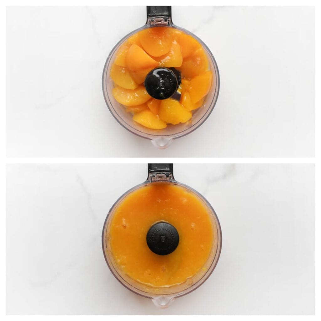 Pureer de perziken met een hakmolen of staafmixer tot een glad mengsel.