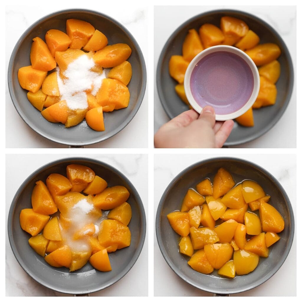 Doe de perziken, suiker en water in een koekenpan op middelhoog vuur. Laat het mengsel 5-7 minuten zachtjes koken terwijl je regelmatig roert.