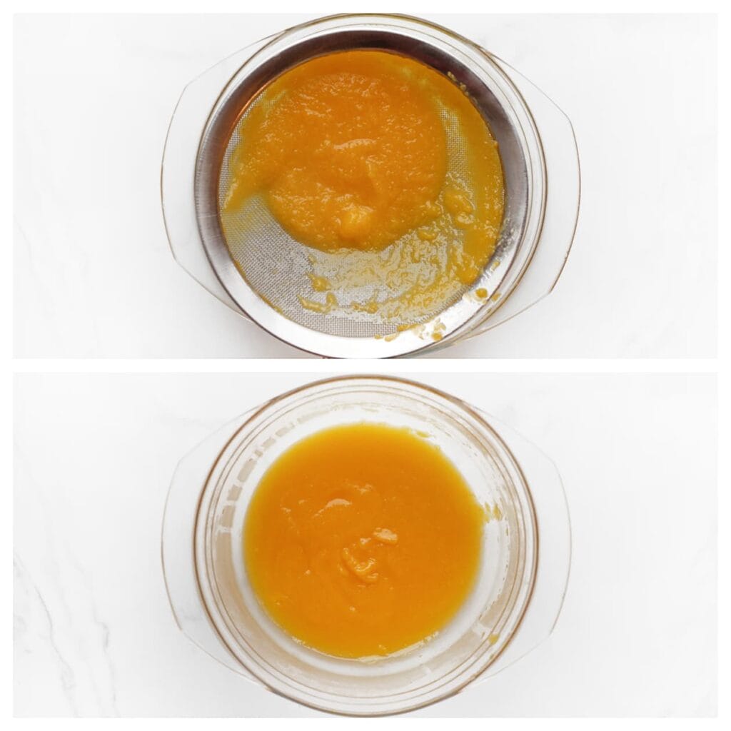 Plaats een zeef boven een kom en druk het perzikenmengsel erdoor met een spatel of lepel om een gladde siroop te krijgen.