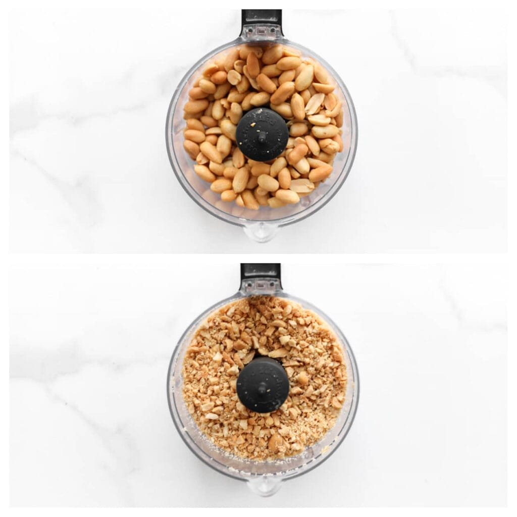 Maal de gebakken pinda’s grof in een hakmolen (niet te fijn).