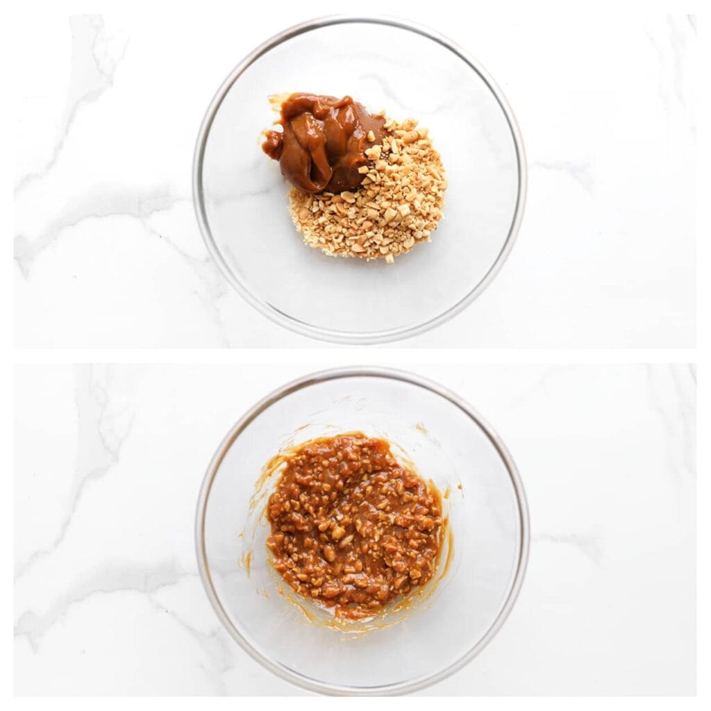 Doe de gemalen pinda’s in een kom en meng met de karamel tot een geheel.