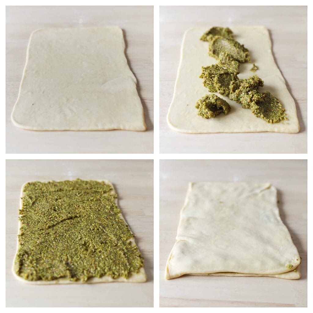 Smeer het pistachemengsel gelijkmatig over één deeglap. Zorg ervoor dat het mengsel bijna tot aan de randen komt. Leg de tweede deeglap er voorzichtig bovenop en druk licht aan.