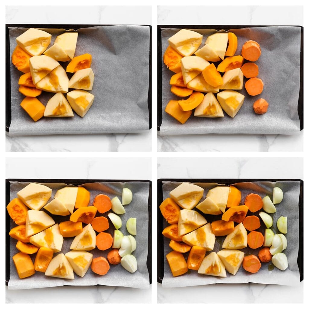 Verwarm de oven voor op 200 °C. Schil de flespompoen en zoete aardappel en snijd deze in stukken. Pel de ui en snijd deze in grove stukken. Verdeel de pompoen, zoete aardappel en ui over een bakplaat bekleed met bakpapier. Besprenkel de groenten met olijfolie.